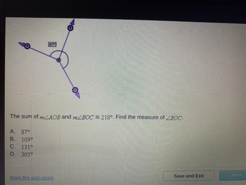 The sum of mZAOB and mZBOC is 218º. Find the measure of ZBOC.-example-1