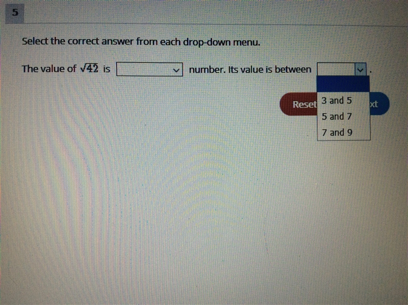 The value of /42 is rational or irrational numer. It’s value is between 3 and 5/. 5 and-example-1