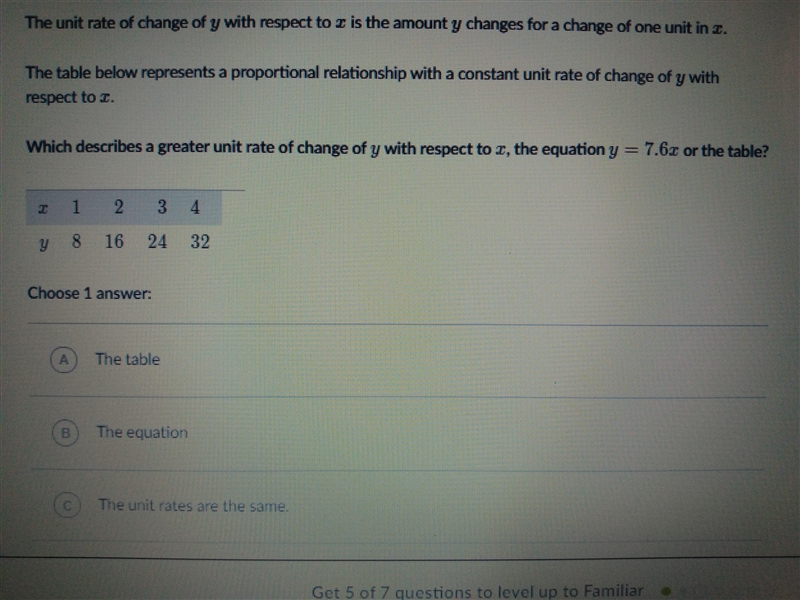 Which describes a greater unit rate of change of y with respect to x the equation-example-1