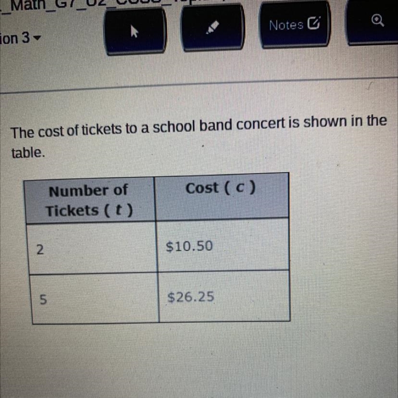 Which equation models the cost of the tickets? A) c=5.25t B) c=15.75t C) c=10.50t-example-1