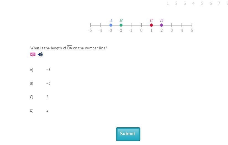 What is the length of DA on the number line? (20 points!) A) −5 B) −3 C) 2 D) 5-example-1