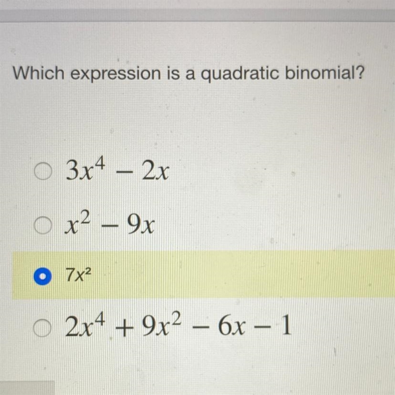 Which expression is a quadratic binomial?-example-1