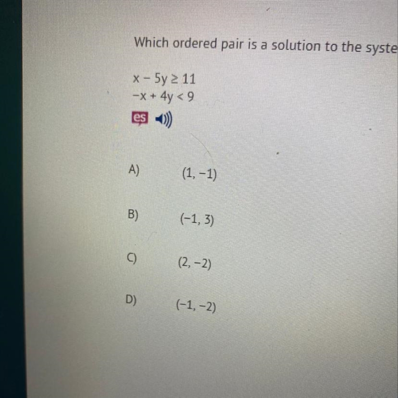 Which ordered pair is a solution to the system if inequalities-example-1