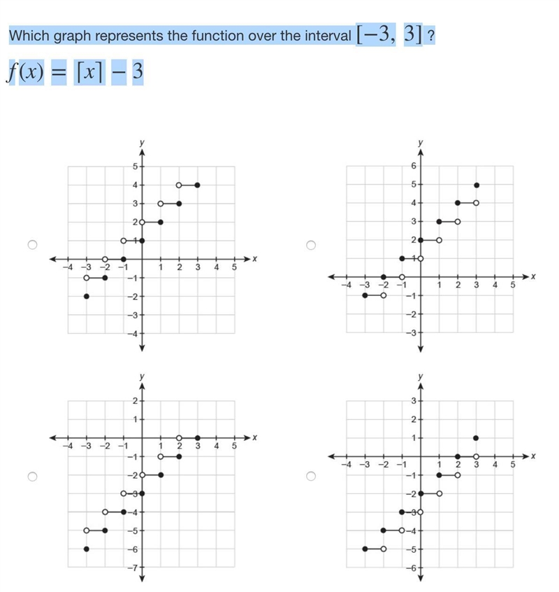 Which graph represents the function over the interval [−3,3] ? f(x)=⌈x⌉−3-example-1