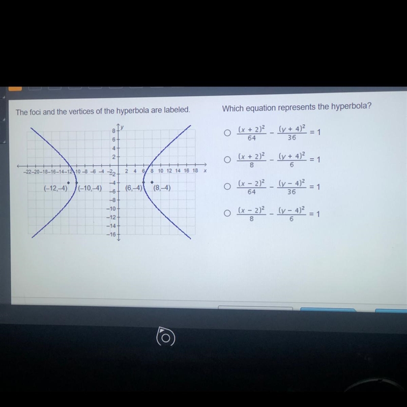 The foci and the vertices of the hyperbola are labeled. Which equation represents-example-1