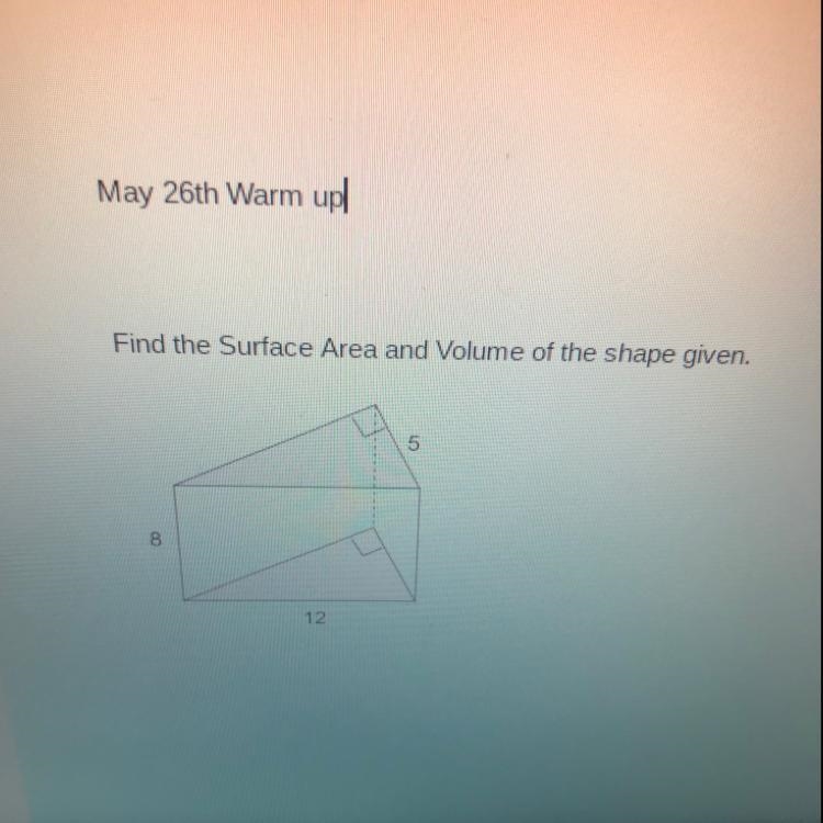 Find the Surface Area and volume of the shape given.-example-1