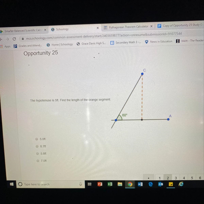 The hypotenuse is 10ft. Find the length of the orange segment.-example-1