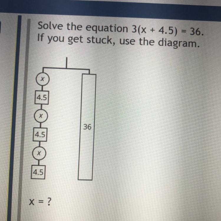 Solve the equation: 3(x + 4.5) = 36 X = ?-example-1