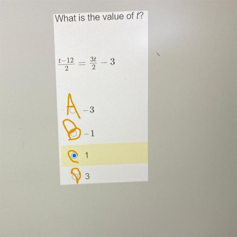 What is the value of t? -12 = 34 - 3 A-s -1 1 3-example-1