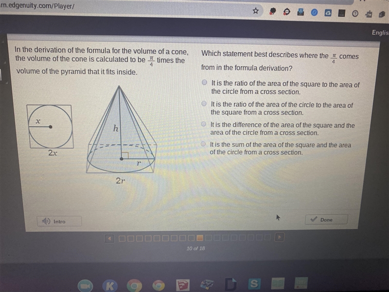 Which statement best describes where the pi/4 comes from in the formula derivation-example-1