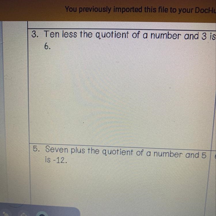 Ten less the quotient If number and 3 is 6-example-1