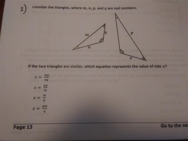 Please help! If the two triangles are similar, which equation represents the value-example-1