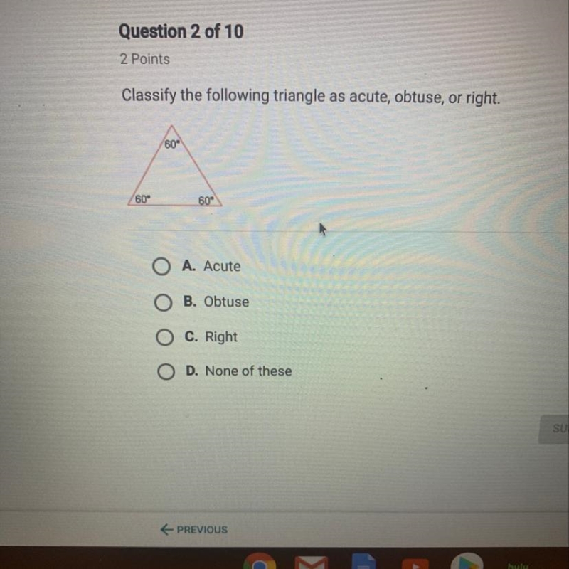 Classify the following triangle as acute, obtuse or right-example-1