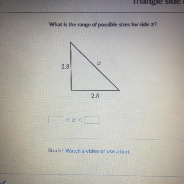 What is the range of possible sizes for side x?-example-1