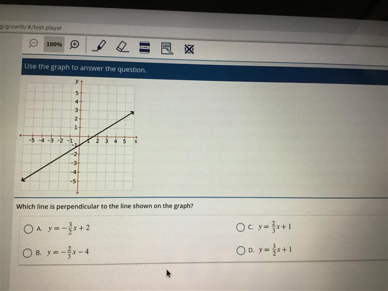 Which line is perpendicular to the line shown on the graph?-example-1