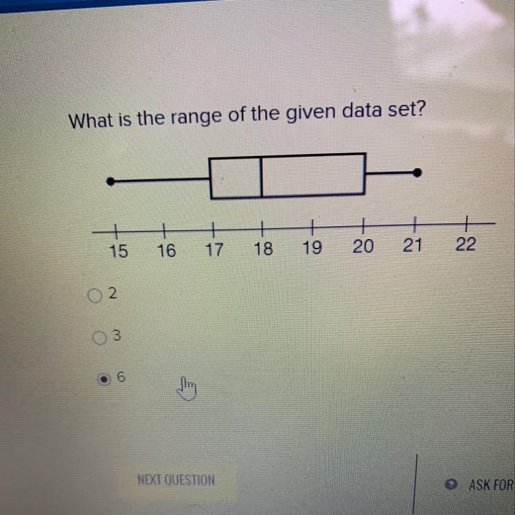 What is the range of the given data set? 15 LLLLLLL 16 17 18 19 20 21 22-example-1