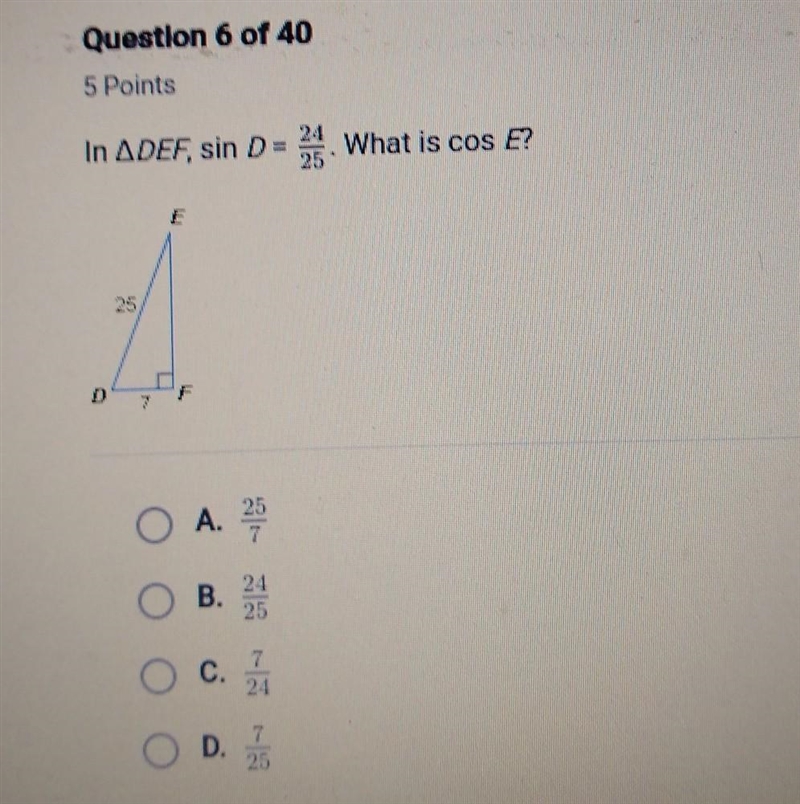 In ADEF, sin D = What is cos E? on my exam that decides if I graduate or not....PRAY-example-1