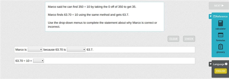 Marco said he can find 350 ÷ 10 by taking the 0 off of 350 to get 35. Marco finds-example-1