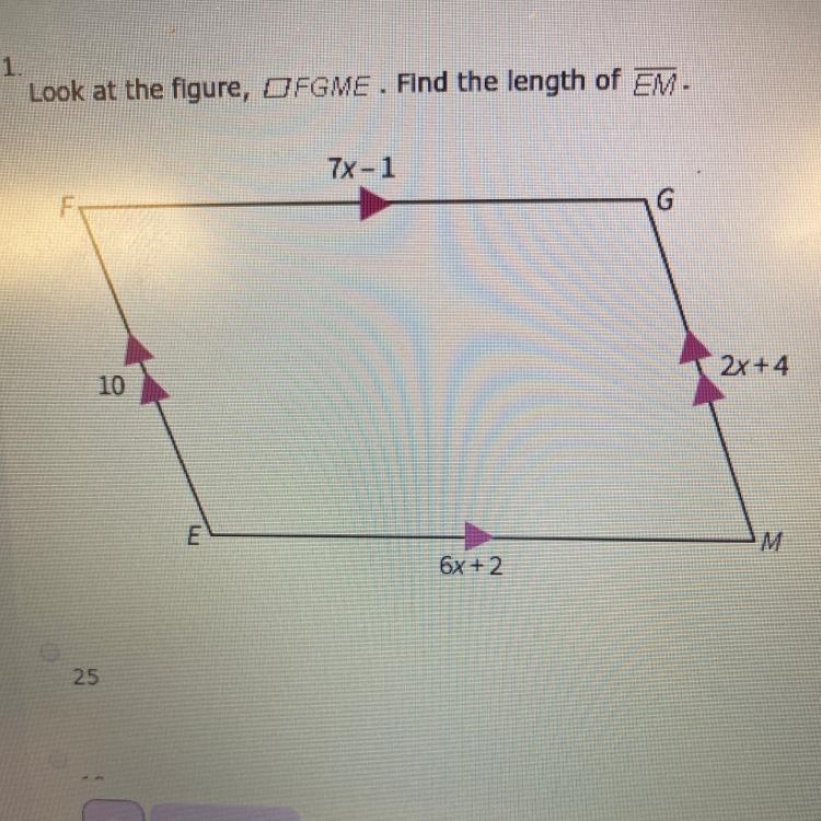 Look at the figure, DFGME. Find the length of EM.-example-1