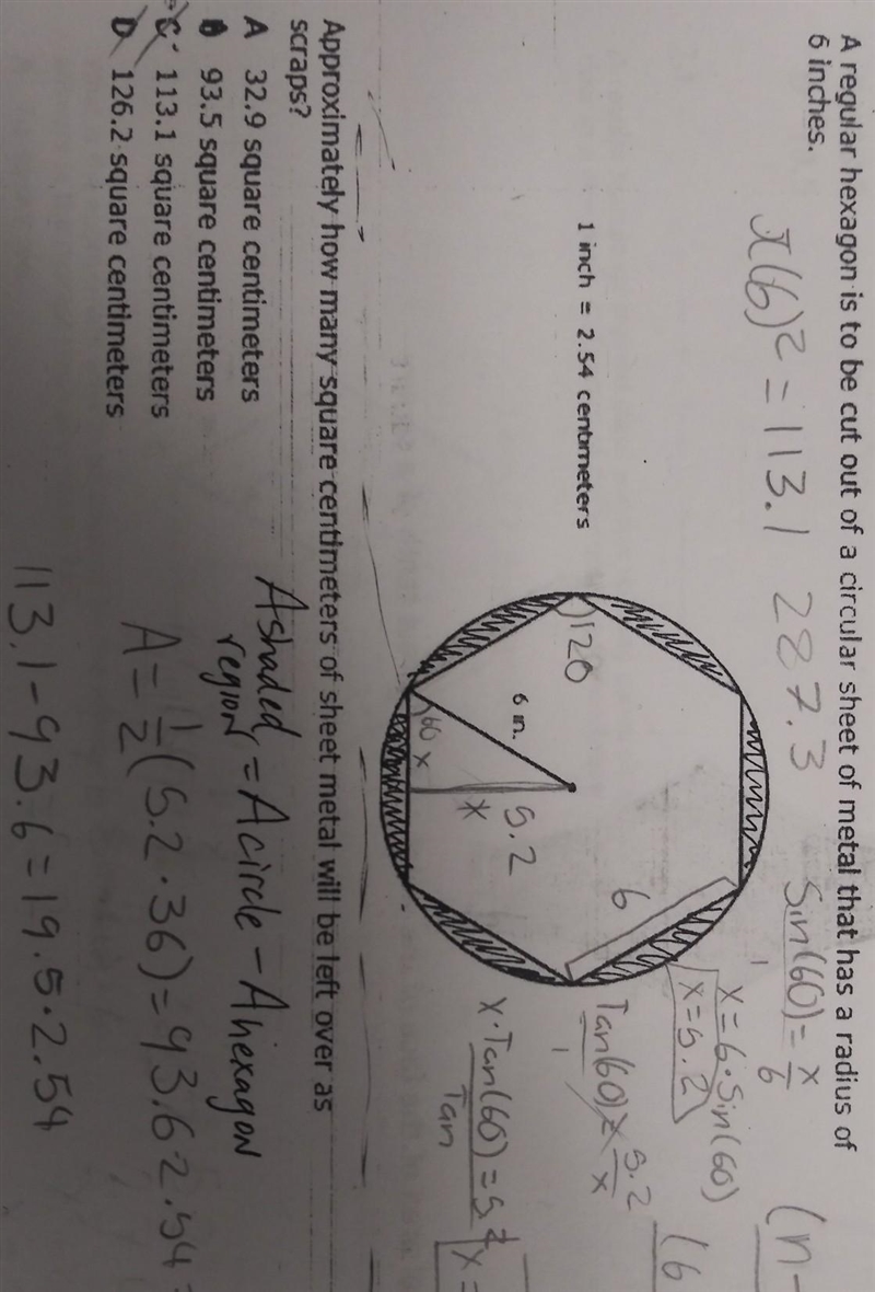 A regular hexagon is to be cut out of a circular sheet of metal that has a radius-example-1