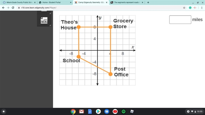 The segments represent roads in a town, measured in miles. Theo drove from the post-example-1