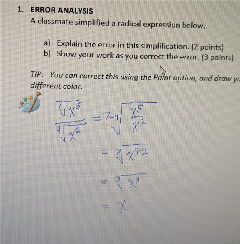 Help with Algebra 2: 1. \frac{\sqrt[7]{x^5} }{\sqrt[4]{x^2} } 2.3\sqrt[4]{(x-2)^3} -4=20-example-1