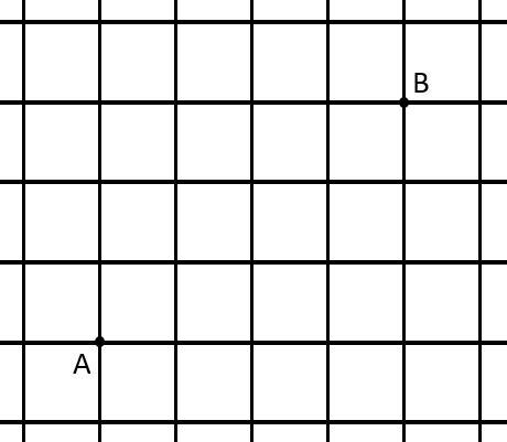 Each block on the grid is 1 unit by 1 unit. We wish to walk from A to B via 7 unit-example-1