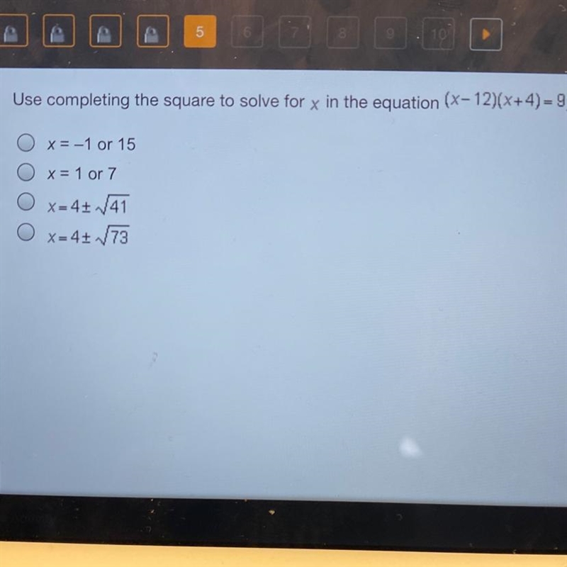 Use completing the square to solve for x in the equation (x-12)(x+4)=8,-example-1