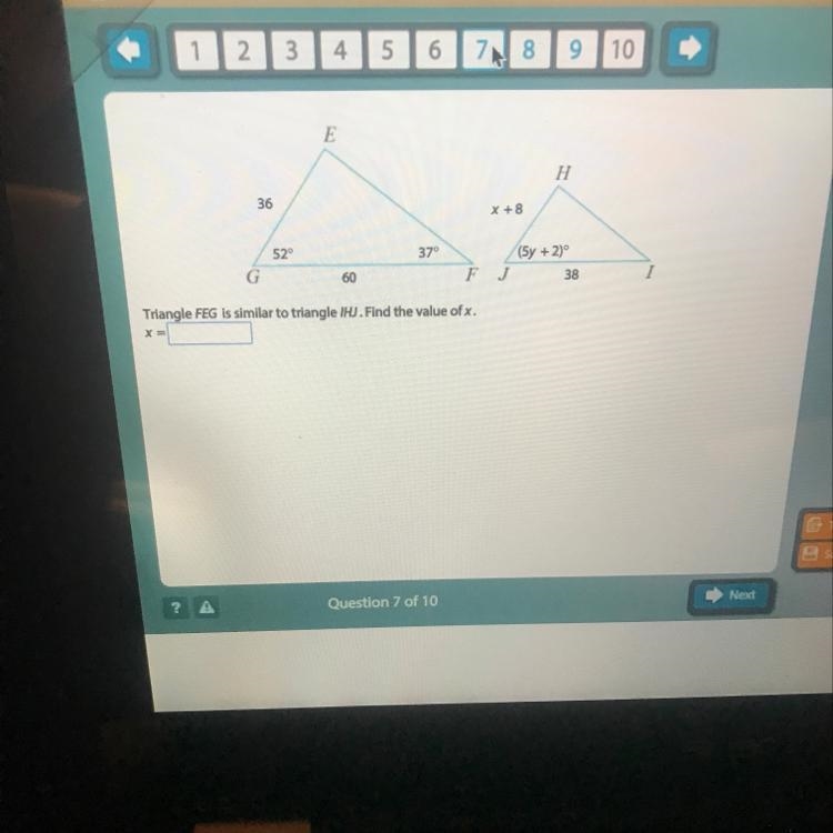 Angle FEG is similar to triangle IHJ. Find the value of X.-example-1