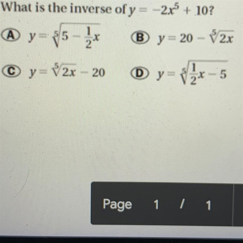 What is the inverse of y=-2x^5 + 10? Please show steps:)-example-1