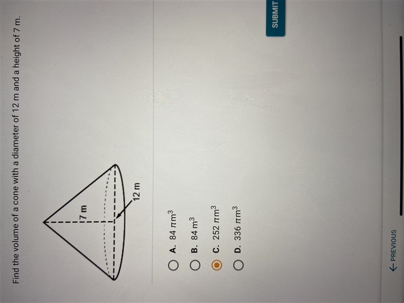 Find the volume of the diameter of 12 M and height of 7M-example-1