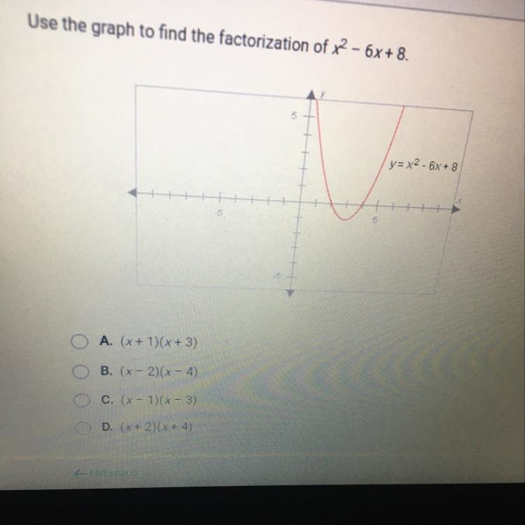 Use the graph to find the factorization of x2 - 6x + 8. y=x2 - 6x + 8 O A. (x + 1)(x-example-1