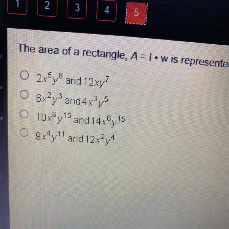 The area of a rectangle A =l•w is represented by the expression 24x6y15 Which could-example-1