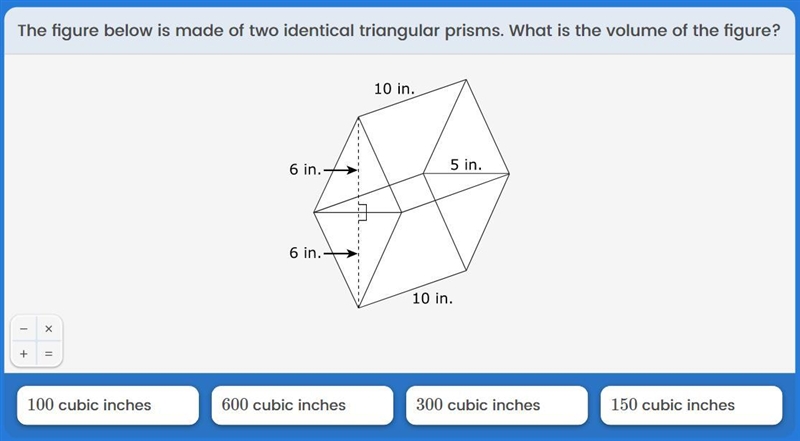 The figure below is made of two identical triangular prisms. What is the volume of-example-1