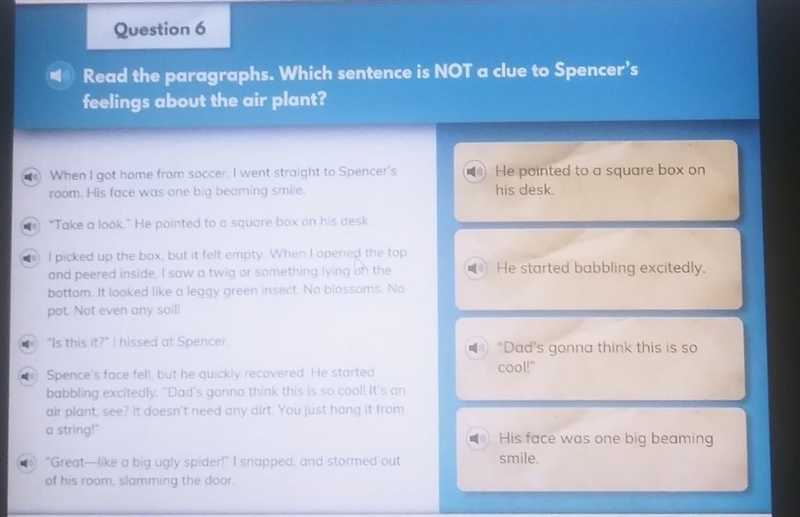 Question 6 Read the paragraphs. Which sentence is NOT a clue to Spencer's feelings-example-1