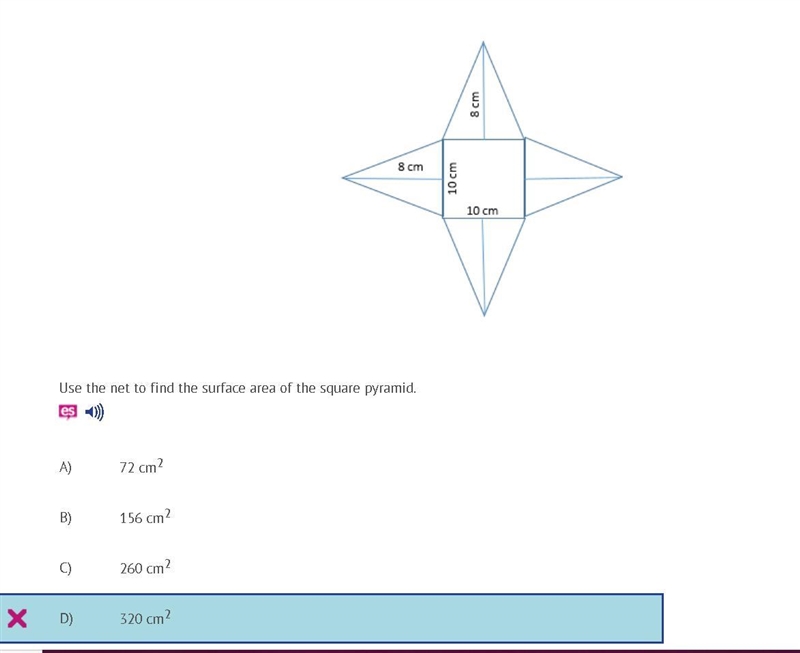 Use the net to find the surface area of the square pyramid. HELPP A) 72 cm2 B) 156 cm-example-1