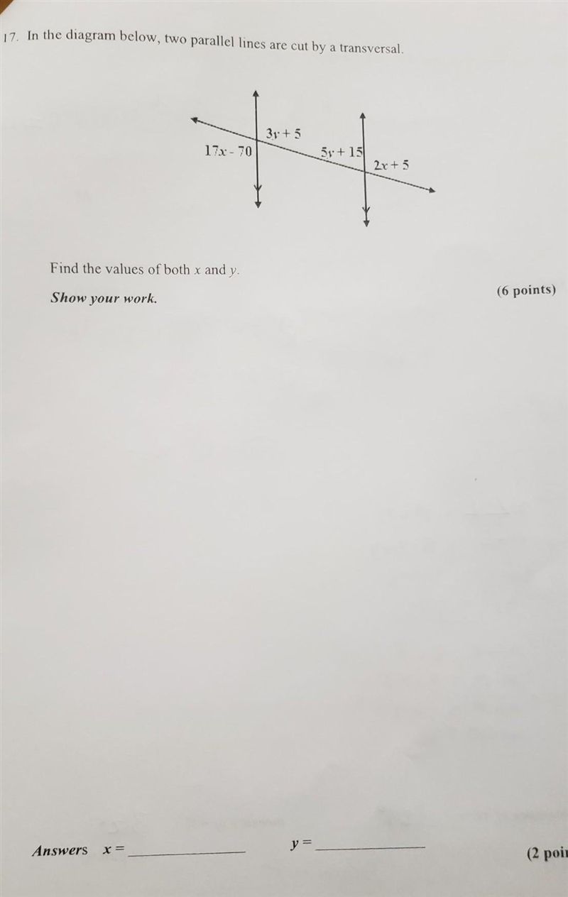 17. in the diagram below, two parallel lines are cut by a transversal ​-example-1