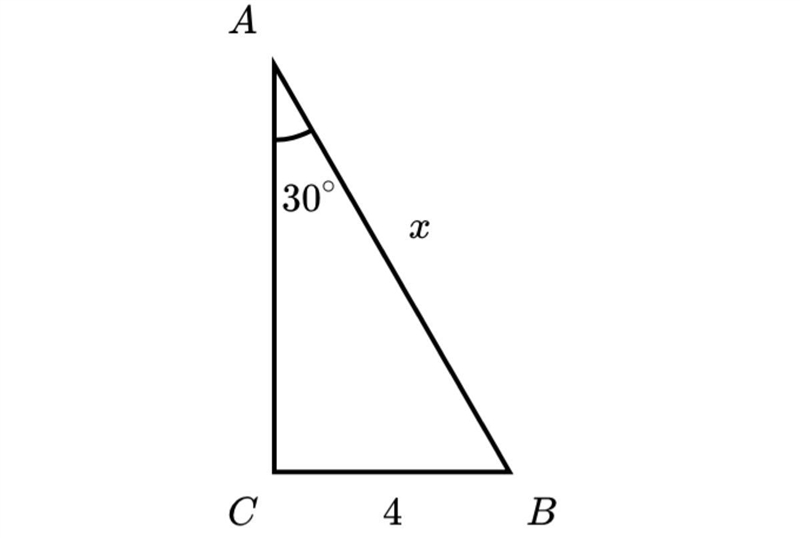 In the right triangle A=30 and BC=4 how long is AB? HELP ASAP!!!!!-example-1