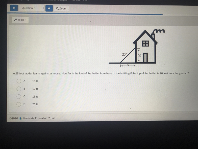 A 25 foot ladder leans against a house. How far is the foot if the ladder from base-example-1