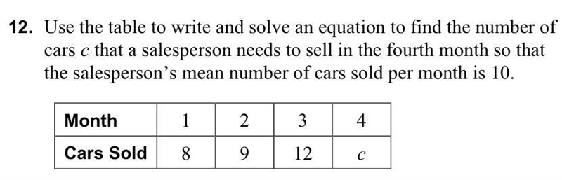 Use the table to write and solve an equationto find the number of carscthat a salesperson-example-1