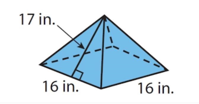 Find the surface area in squared inches of the square pyramid above. 17 in 16 in 16 in-example-1