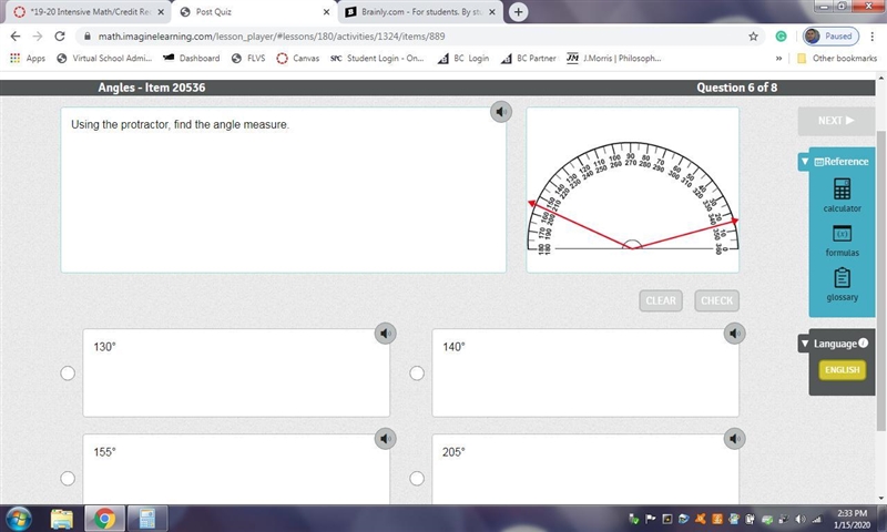 Using the protractor, find the angle measure. (A) 130° (B) 140° (C) 155° (D) 205°-example-1