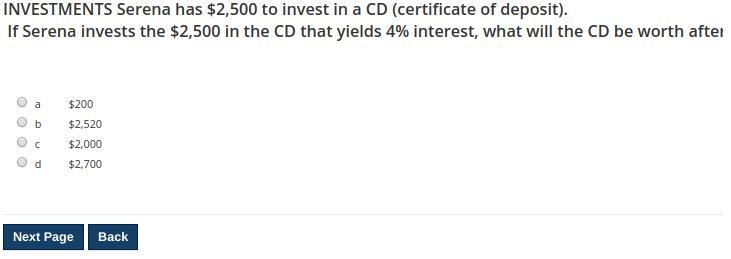 question is cut off: INVESTMENTS Serena has $2,500 to invest in a CD (certificate-example-1