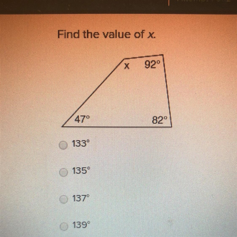 Find the value of x. 133 6 135 137° 139°-example-1