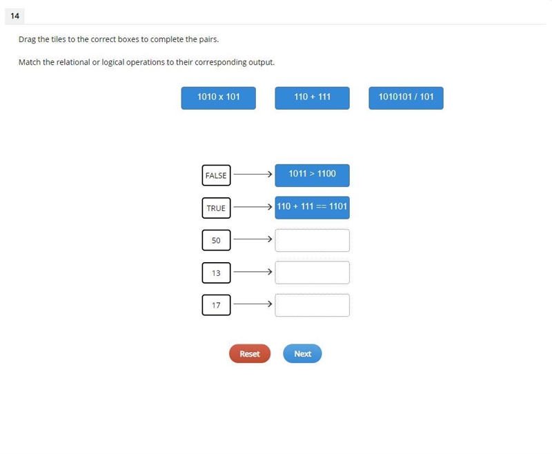 Match the relational or logical operations to their corresponding output.-example-1