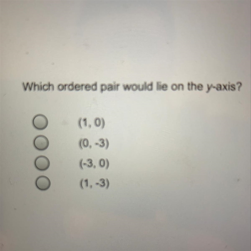 Which ordered pair would lie on the y-axis? A. (1,0) B. (0,-3) C. (-3,0) D. (1,-3)-example-1