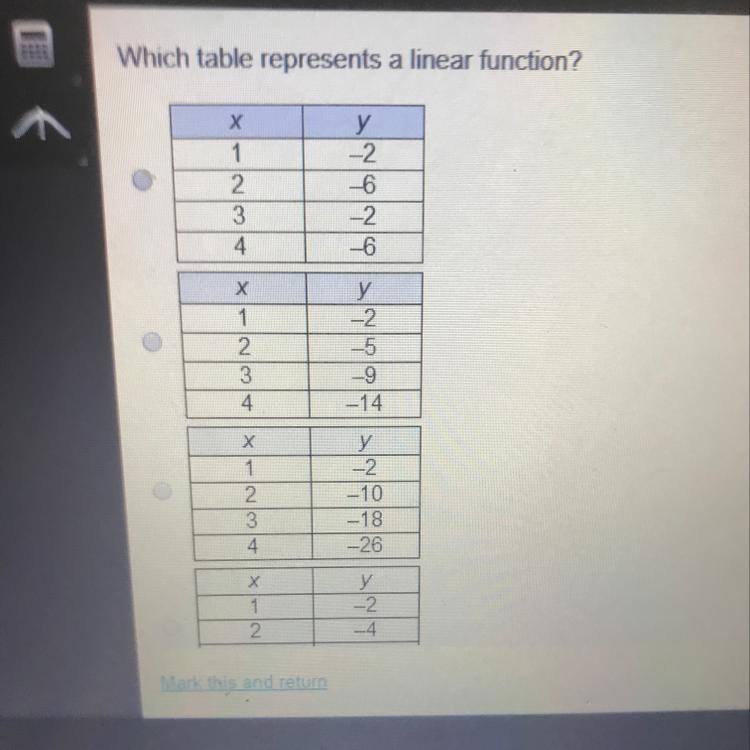 Which table represents a linear function?-example-1