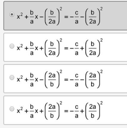 The steps to derive the quadratic formula are shown below: Step 1 ax2 + bx + c = 0 Step-example-1