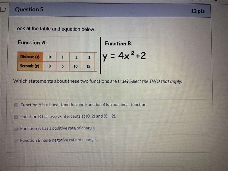 Which statements about these two functions are true? Select the TWO that apply. Function-example-1