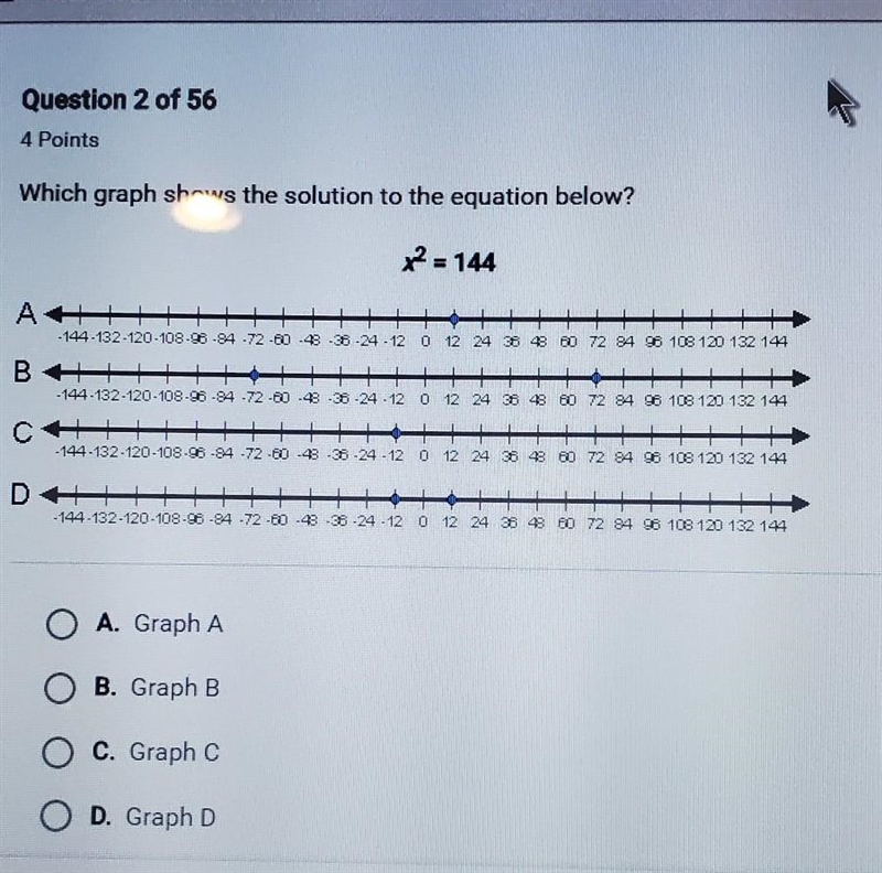 Which graph shows the solution to the equation below? x = 144​-example-1